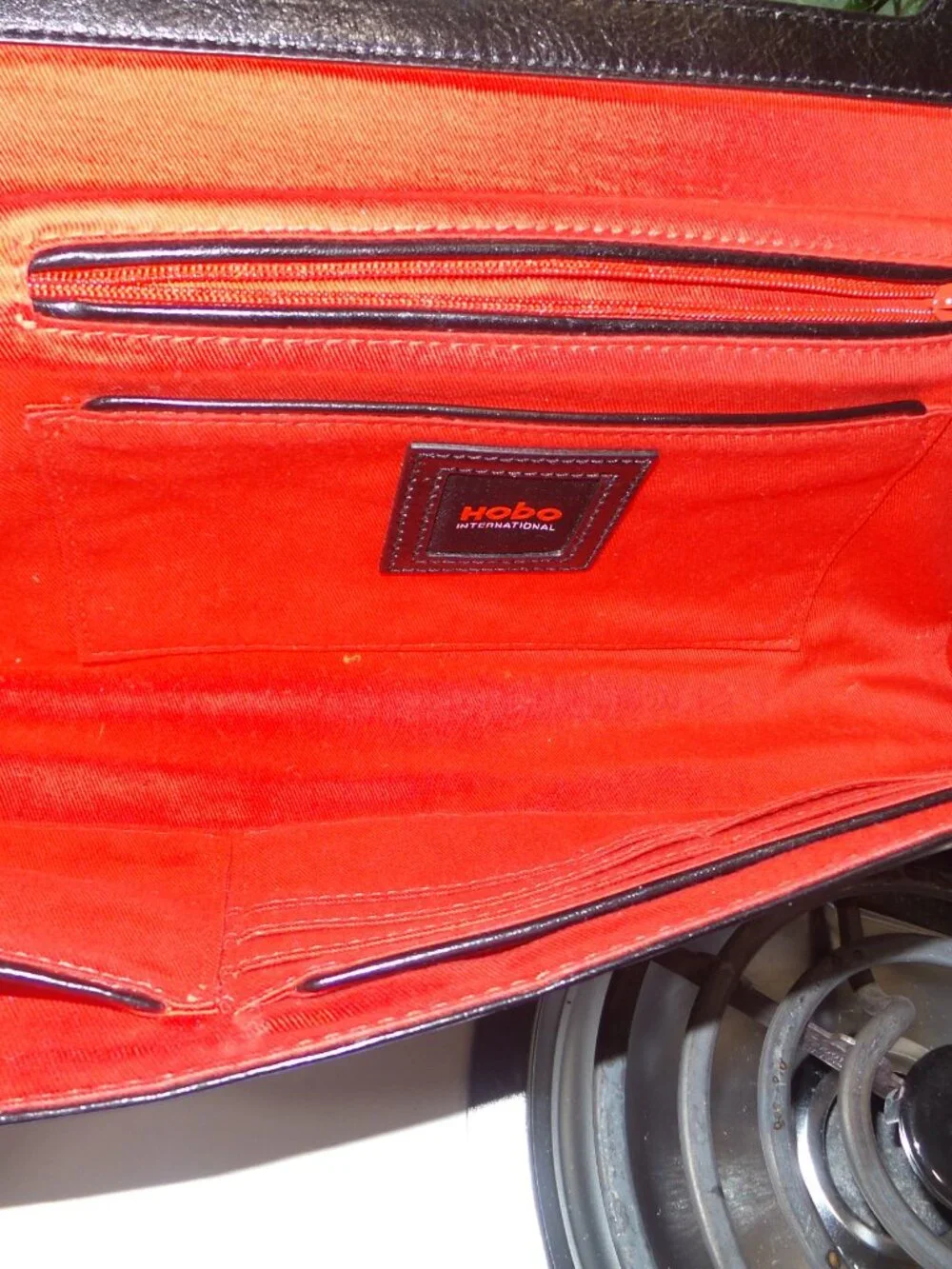 Vintage HOBO International Black Leather Envelope Clutch Red Interior